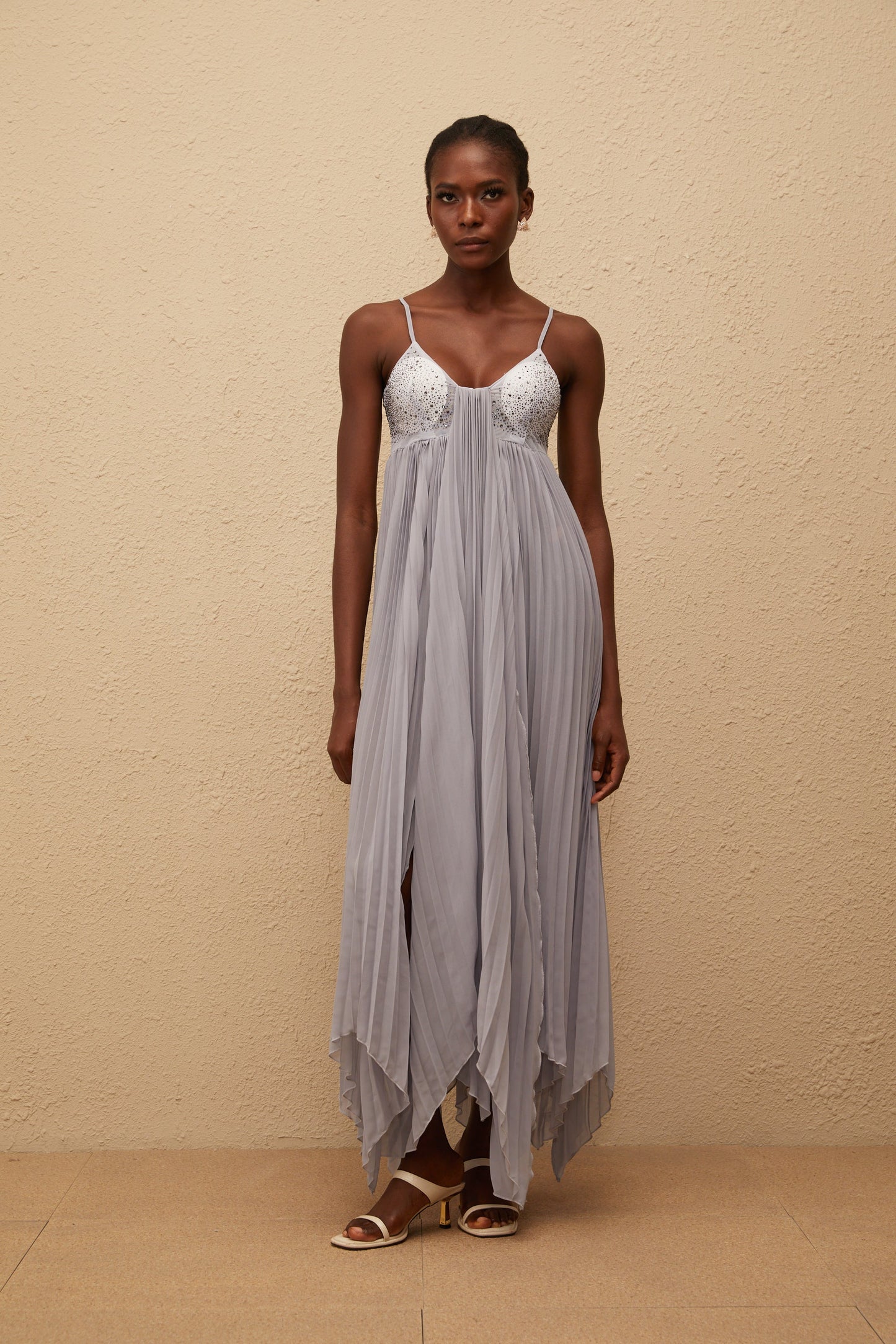 Léa Grey Rhinestone Embellished Pleated Maxi Dress