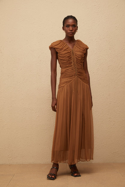 Vérane Brown Ruched Chiffon Maxi Dress