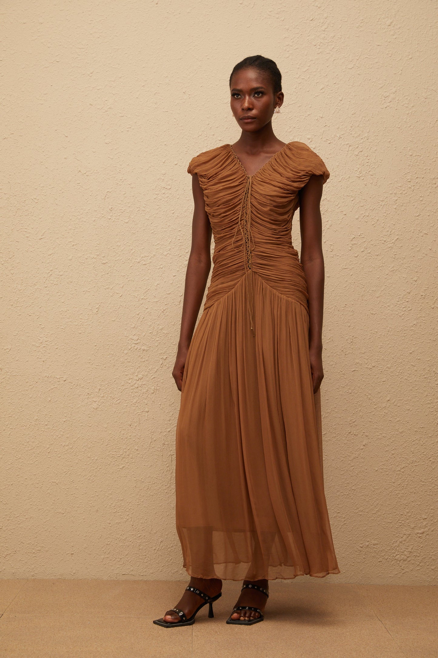 Vérane Brown Ruched Chiffon Maxi Dress