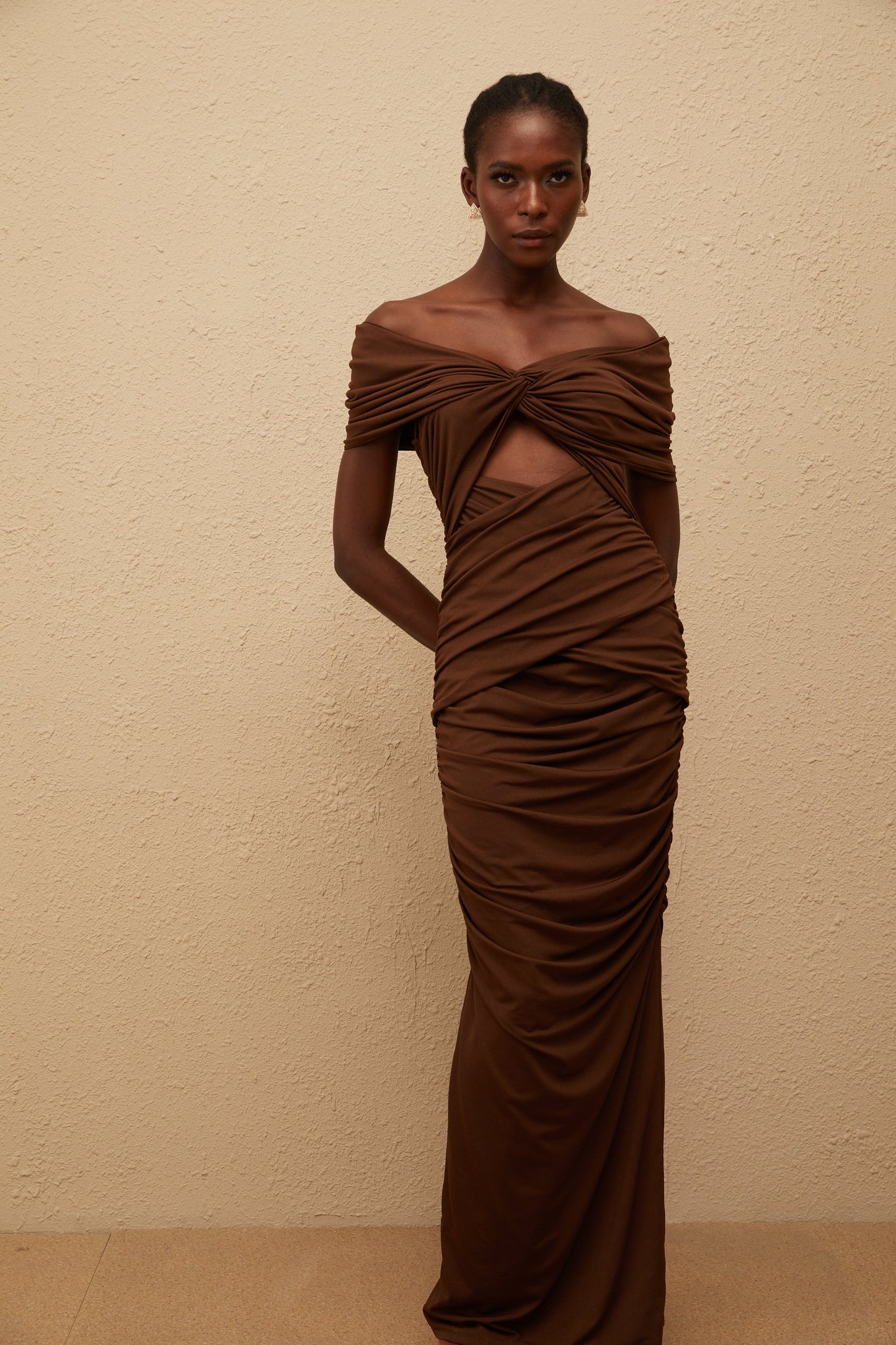 Liliane Brown Ruched Knit Maxi Dress