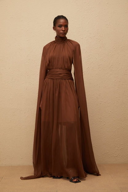 Coralie Brown Cape Design Pleated Tulle Gown