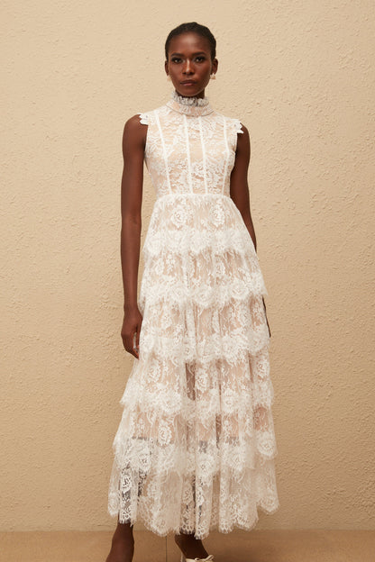 Thérèse White Embellished Floral Lace Tiered Maxi Dress