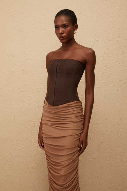 Paisley Brown Panelled Draped Mesh Midi Dress
