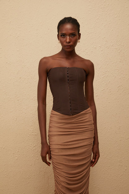 Paisley Brown Panelled Draped Mesh Midi Dress