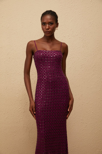 Térébenthine Purple Rhinestone Mesh Maxi Dress