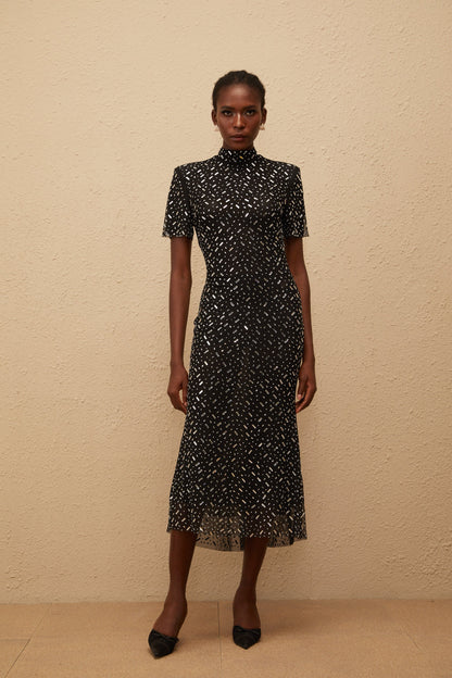 Donatienne Black Embellished Mesh Midi dress