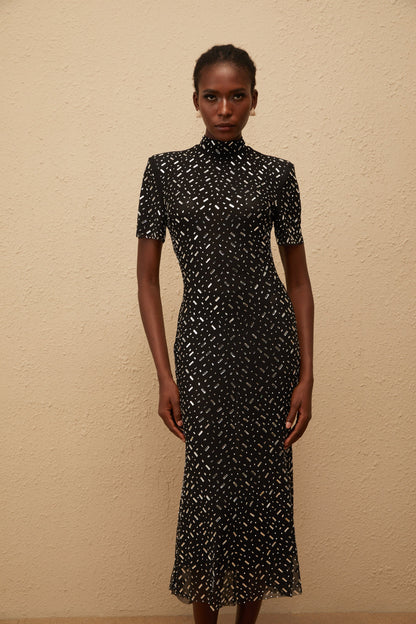 Donatienne Black Embellished Mesh Midi dress