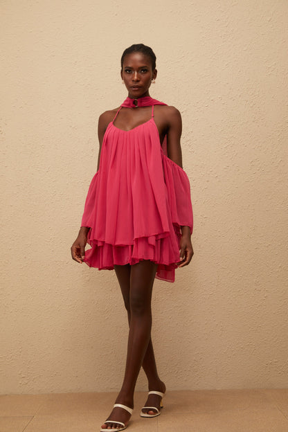 Aveline Hot Pink Pleated Chiffon Mini Dress