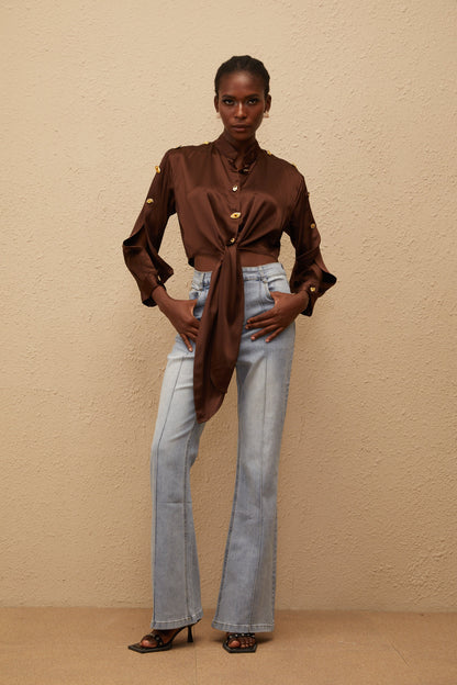 Josette Brown Satin Crop Shirt with Tie Detail