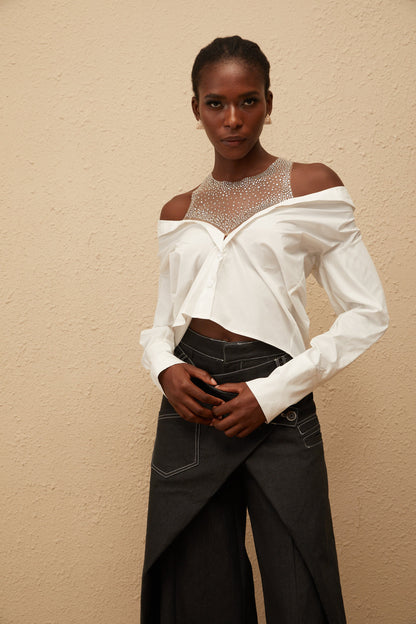 Fernande White Rhinestone Mesh Panel Shirt