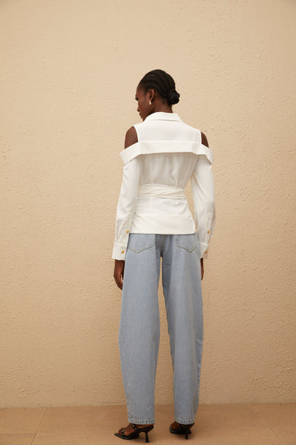 Valérie White Cold Shoulder Self Tie Shirt