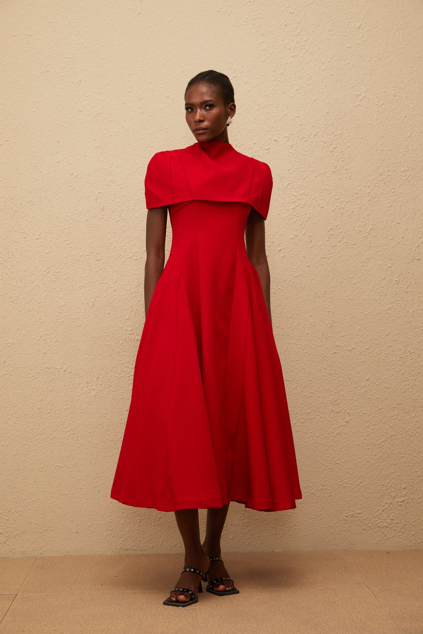 Danaé Red Asymmetrical Midi Dress with Shawl Detail