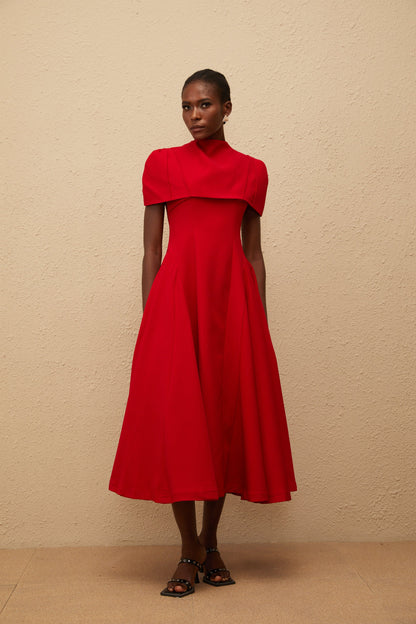 Danaé Red Asymmetrical Midi Dress with Shawl Detail