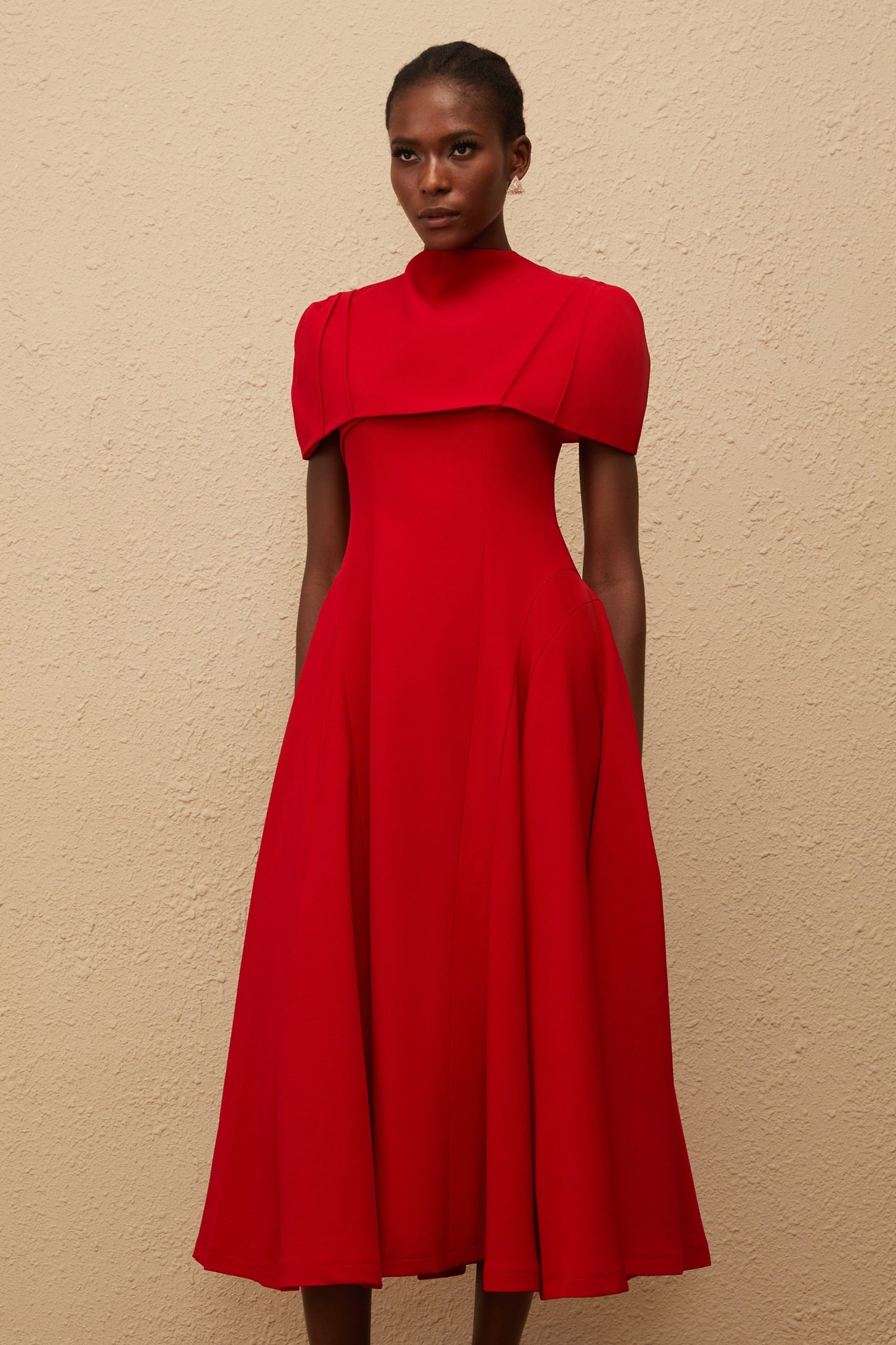 Danaé Red Asymmetrical Midi Dress with Shawl Detail