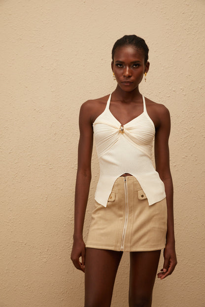 Quitterie Ribbed Knit Top & Suede Skirt Set