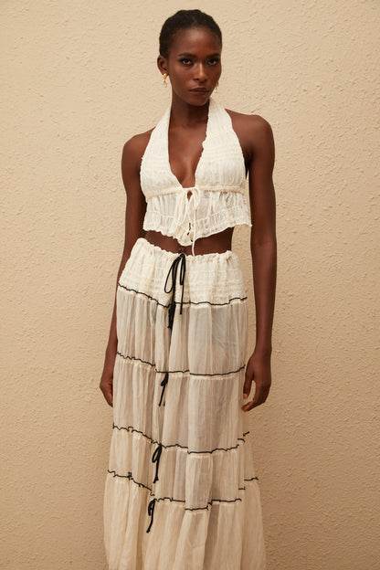Aveline Cream White Bowknot Shirred Top & Skirt Set