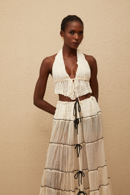 Aveline Cream White Bowknot Shirred Top & Skirt Set
