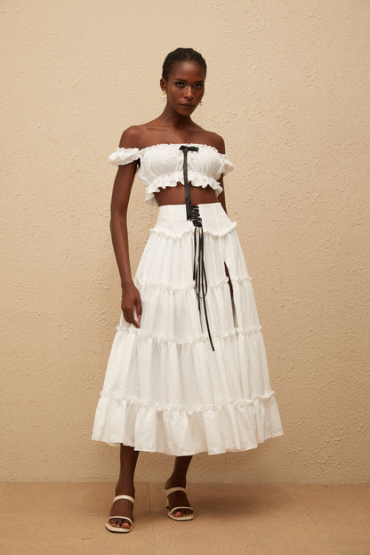 Théoline White Ruffled Trim Shirred Top & Skirt Set