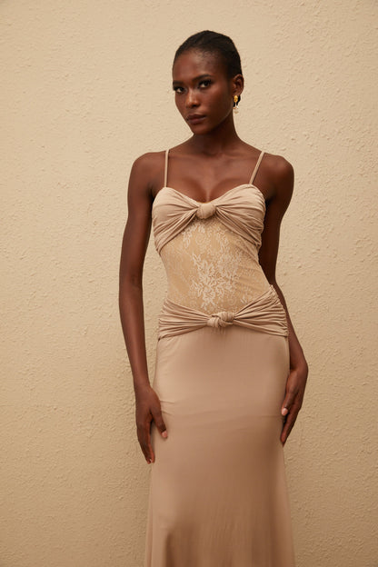 Nevaeh Khaki Twisted Lace Panel Maxi Dress