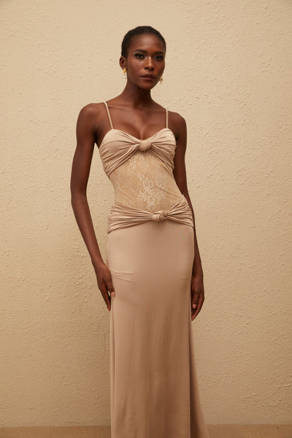 Nevaeh Khaki Twisted Lace Panel Maxi Dress