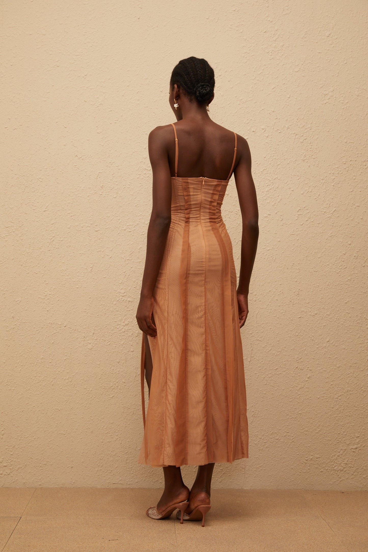 Roxane Brown Asymmetrical Tulle Maxi Dress