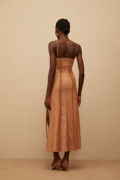 Roxane Brown Asymmetrical Tulle Maxi Dress