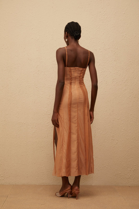 Roxane Brown Asymmetrical Tulle Maxi Dress