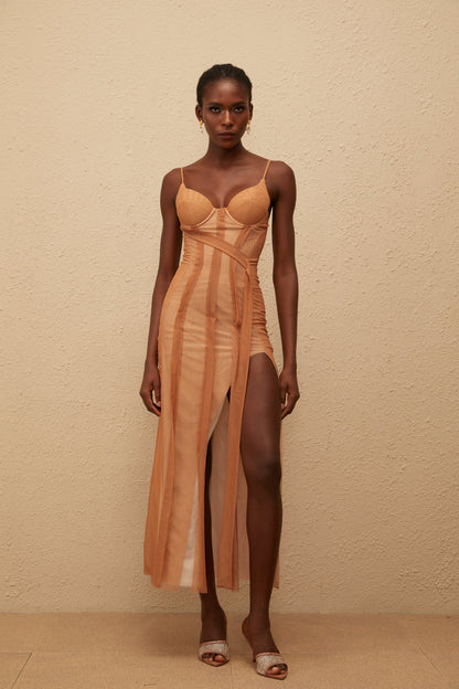 Roxane Brown Asymmetrical Tulle Maxi Dress