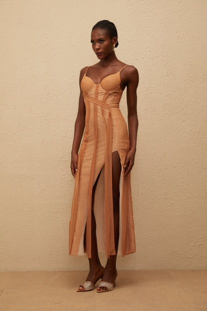 Roxane Brown Asymmetrical Tulle Maxi Dress