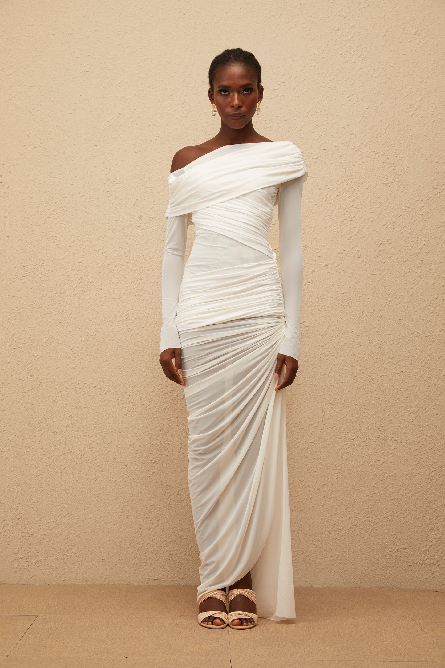 Melanie White Asymmetrical Ruched Mesh Maxi Dress