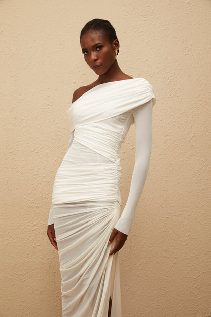 Melanie White Asymmetrical Ruched Mesh Maxi Dress