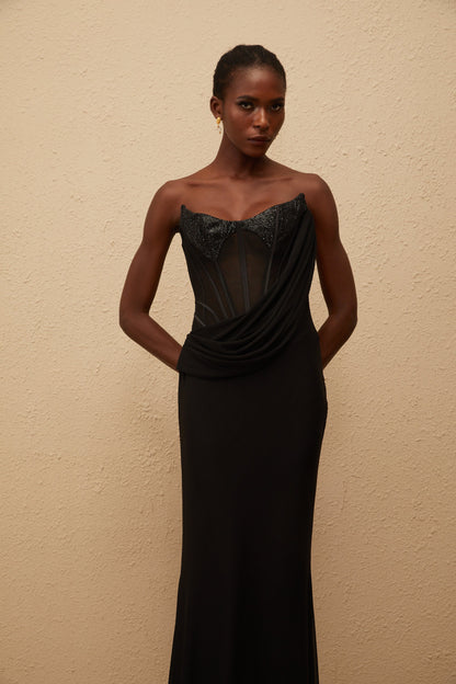 Scarlett Black Panelled Corset Maxi Dress