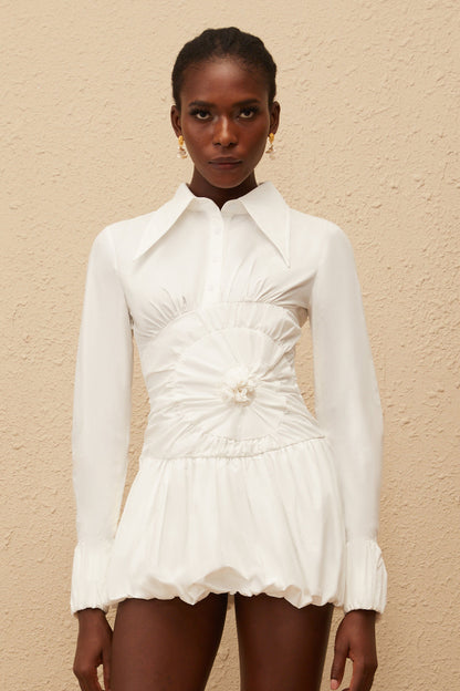Marion White Ruched Mini Shirt Dress