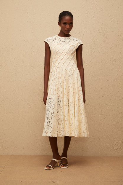 Adèle Neutral Floral Lace Midi Dress