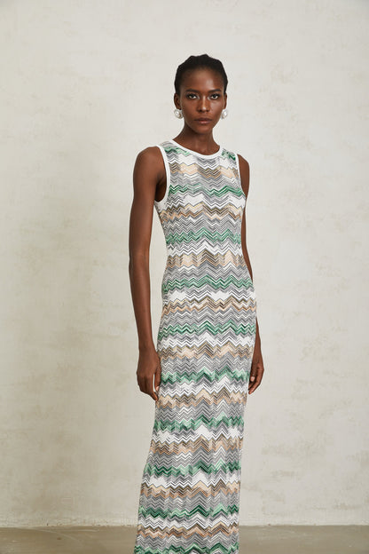 Manon Green Zigzag Woven Knit Maxi Dress