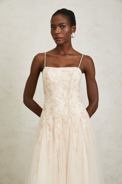 Madeline Pink Floral Embroidered Tulle Maxi Dress