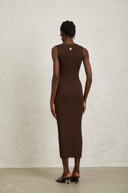 Gaëlle Brown Keyhole Ribbed Knit Midi Dress