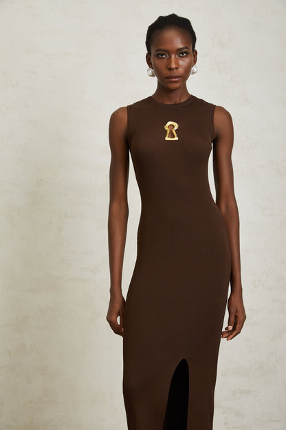 Gaëlle Brown Keyhole Ribbed Knit Midi Dress