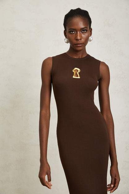 Gaëlle Brown Keyhole Ribbed Knit Midi Dress