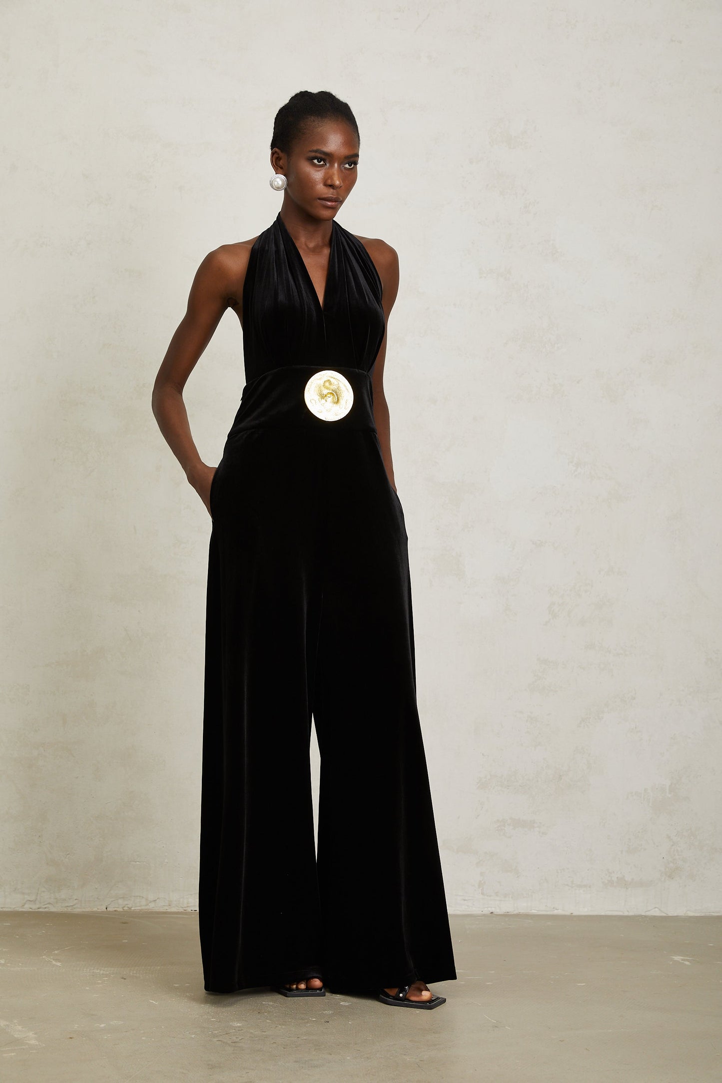 Valentine Black Halterneck Velvet Jumpsuit