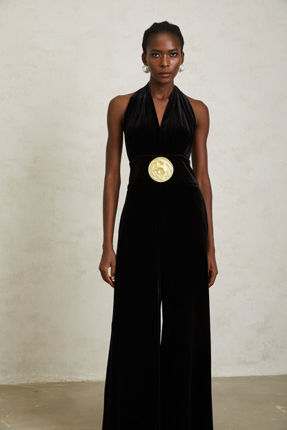 Valentine Black Halterneck Velvet Jumpsuit