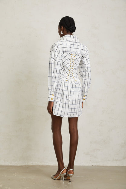Quintina White Check Pettern Mini Shirt Dress