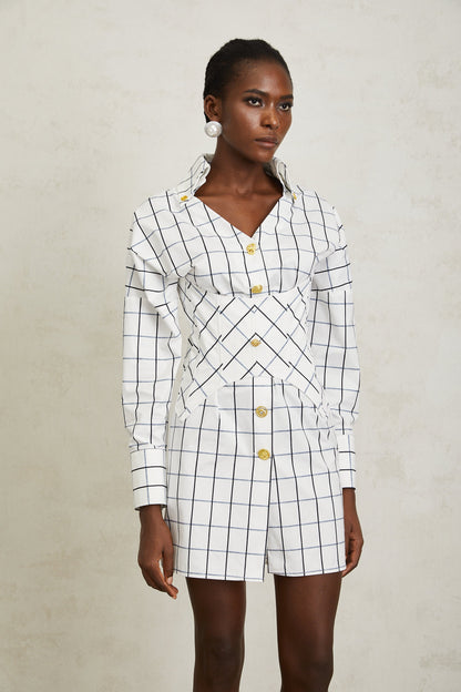 Quintina White Check Pettern Mini Shirt Dress