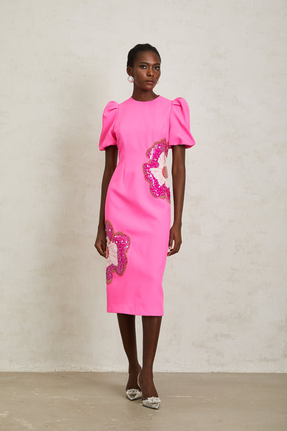Ángela Pink Embellished Floral Midi Dress