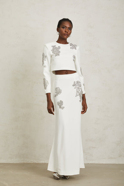 Luna White Crystal Embellished Top & Skirt Set