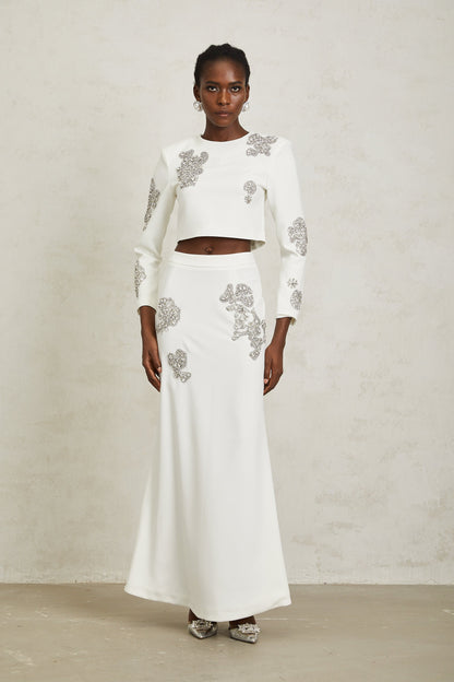 Luna White Crystal Embellished Top & Skirt Set