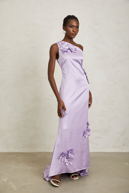 Magali Purple Mono Shoulder Floral Satin Maxi Dress