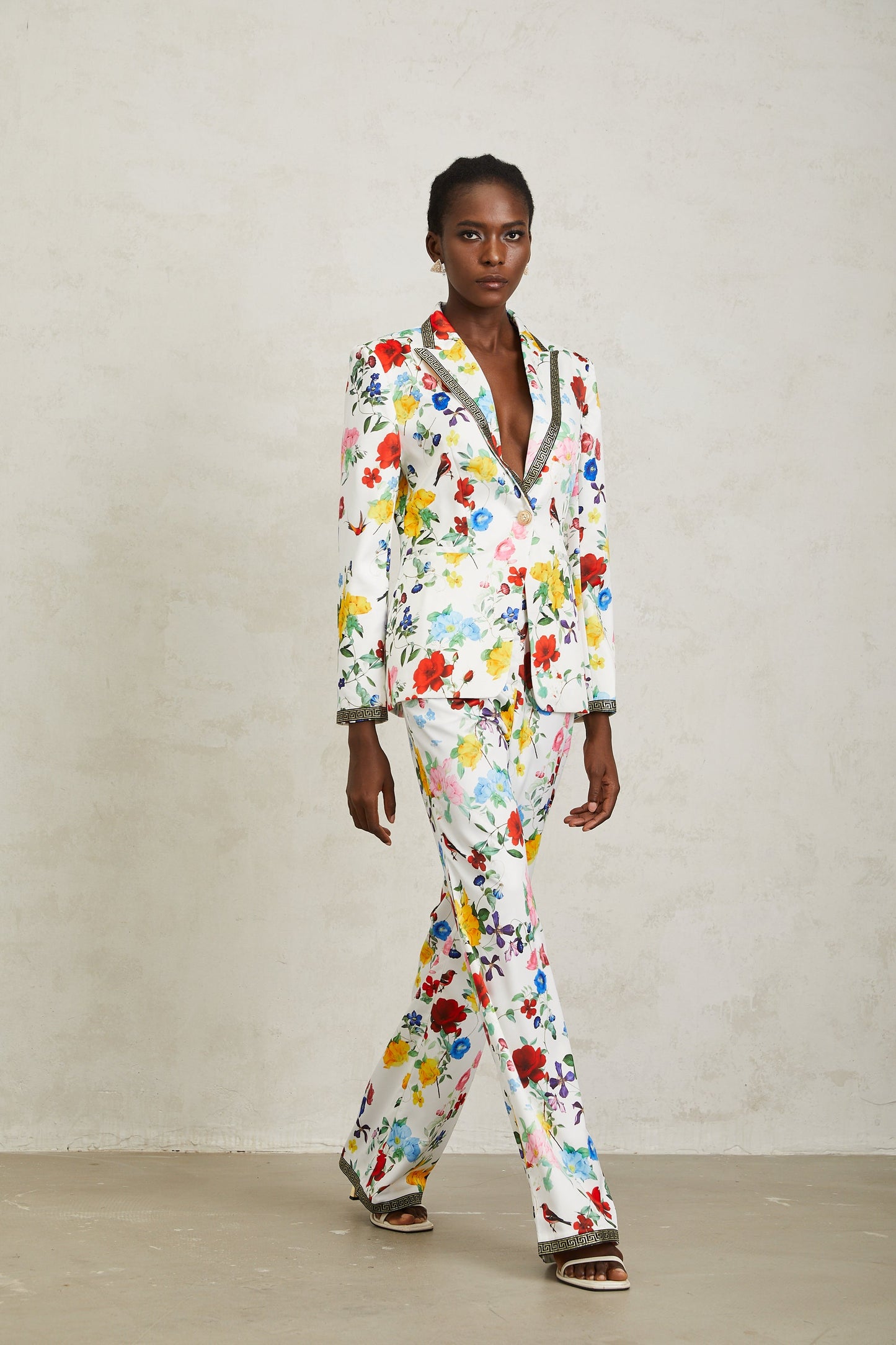 Lucía White Labyrinth Trim Floral Blazer & Trousers Set