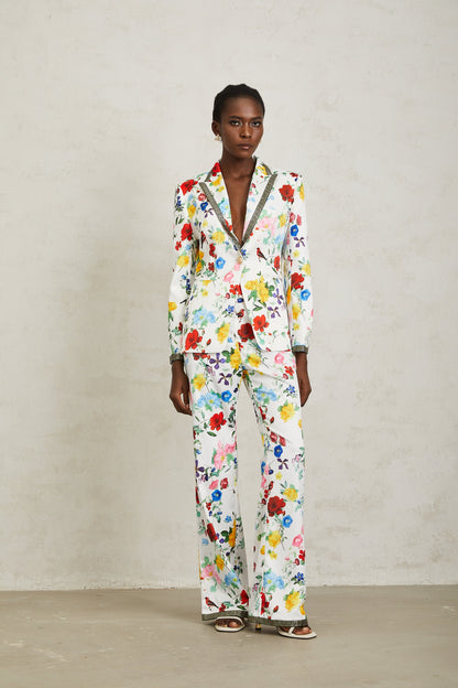 Lucía White Labyrinth Trim Floral Blazer & Trousers Set