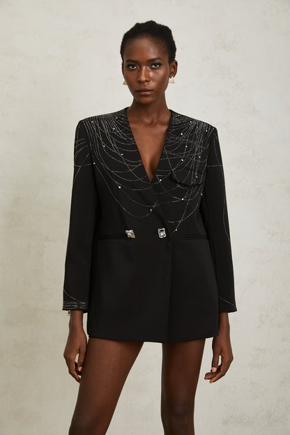 Nolwenn Black Web Pattern Rhinestone Blazer